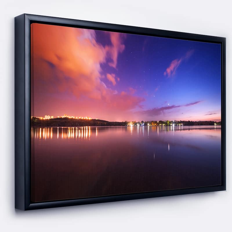 Designart "Night Sky Reflection in River" Landscape Photography Framed Canvas Print - 20 in. wide x 12 in. high - Black