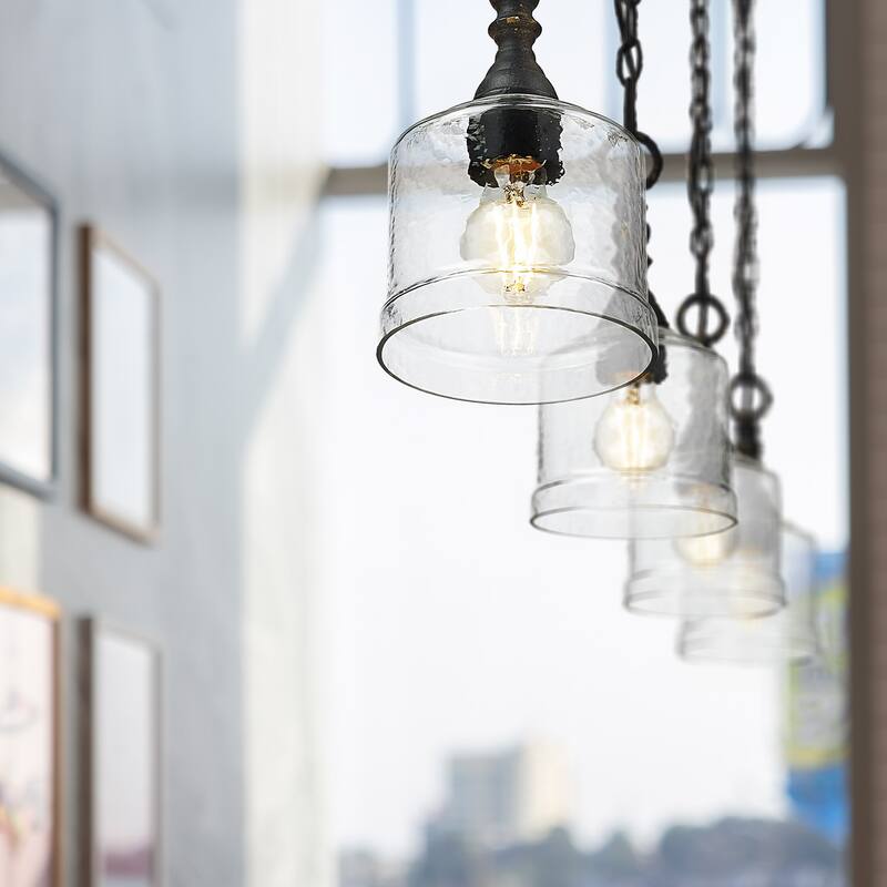 Keating Mini Pendant in Antique Black Iron with Hammered Water Glass Shade - Gold