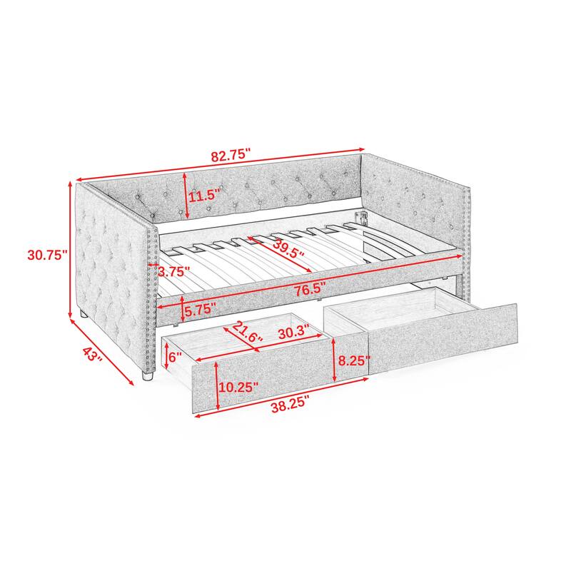 Tufted Daybed Upholstered Frame Sofa Bed with Button Copper Nail on Square Arms, and Pull-out Trundle Bed or Storage Drawers