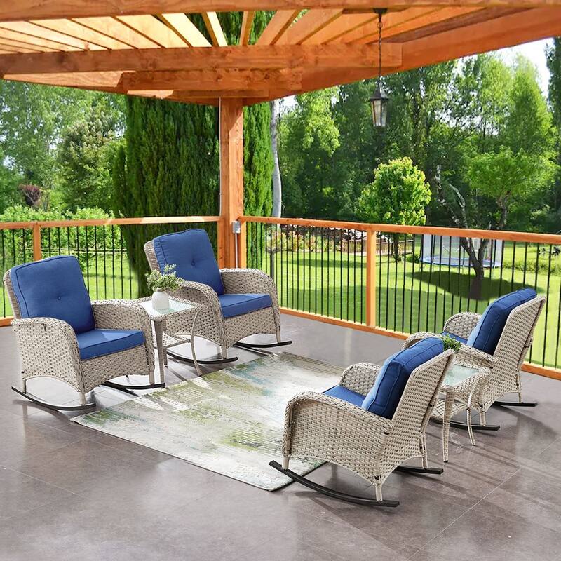 Gymojoy Ergonomic Swivel & Glider / Rocking Chair Set with Side Tables Outdoor Patio Furniture Set - 6-Piece - Rocking Chair - Light Gray Wicker / Blue Cusion