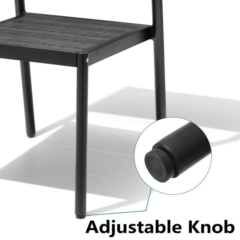 7-Piece Outdoor Patio Dining Set Wood Like Table Top Aluminum Rectangular Umbrella Hole Table with Stackable Armrest Chairs