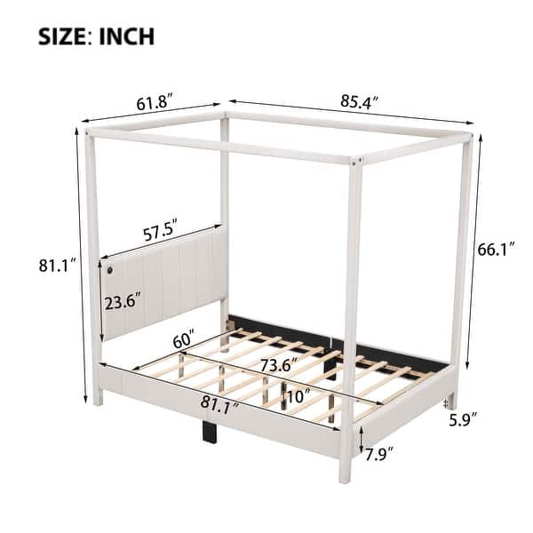 dimension image slide 2 of 4, Canopy Bed with USB and Type-C Ports, Upholstered Canopy Platform Bed Frame with Headboard, Wood Slat Support, for Kids Teens