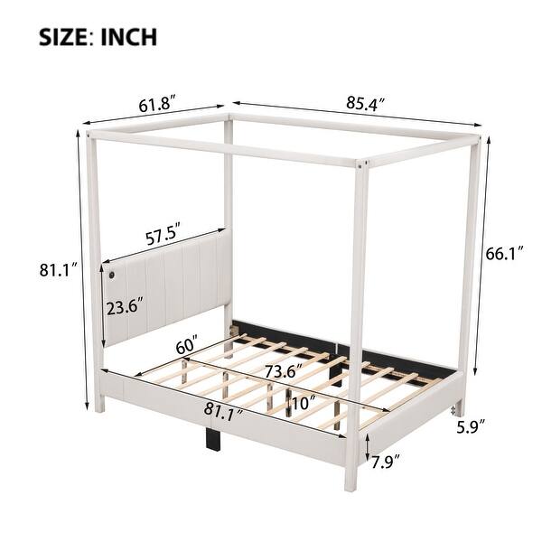 dimension image slide 0 of 4, Canvas-upholstered Canopy Bed - Platform Wingback Bed Frame with USB, Type-C Ports Headboard, 4 Canopy Columns, 2 Sides Pocket