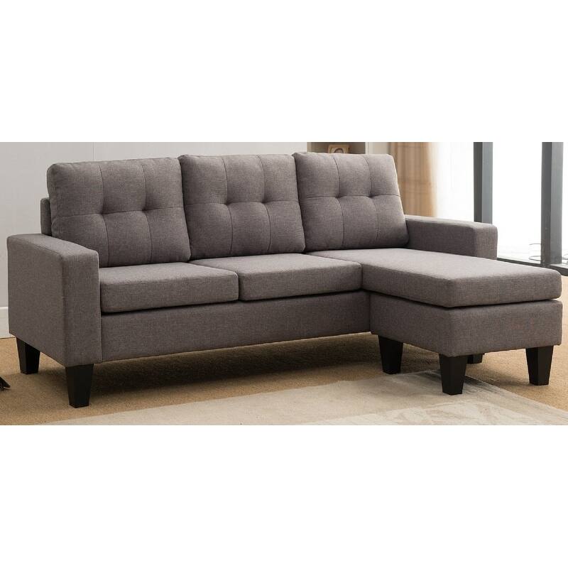 Fabric Upholstered Tufted Reversible L-Shape Sectional Sofa w/ Ottoman