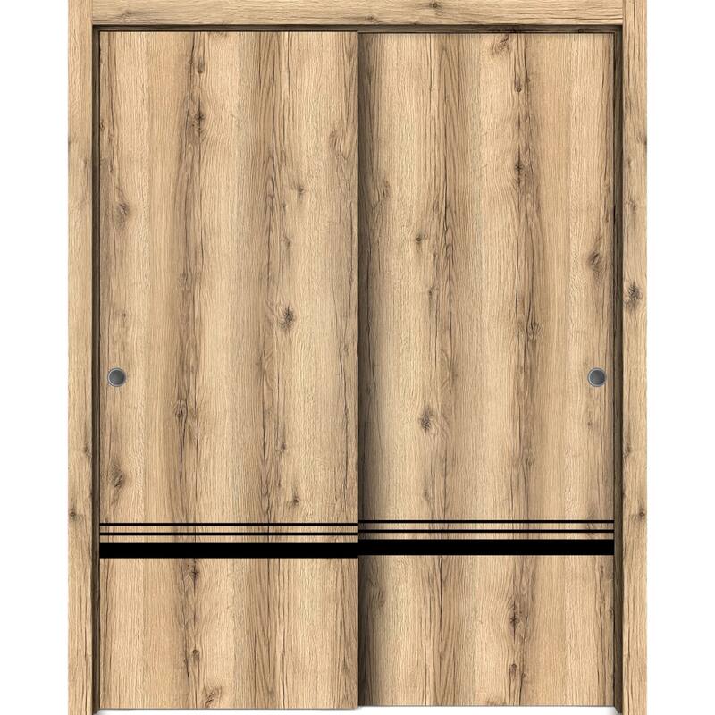 Bypass Doors 36 x 80 Planum 0012 Oak with Sturdy Rails - 72" x 80" ( 2* 36x80)