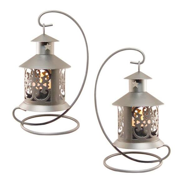 Shop Set Of 2 Silver Table Top Metal Lantern With Hanging Stands