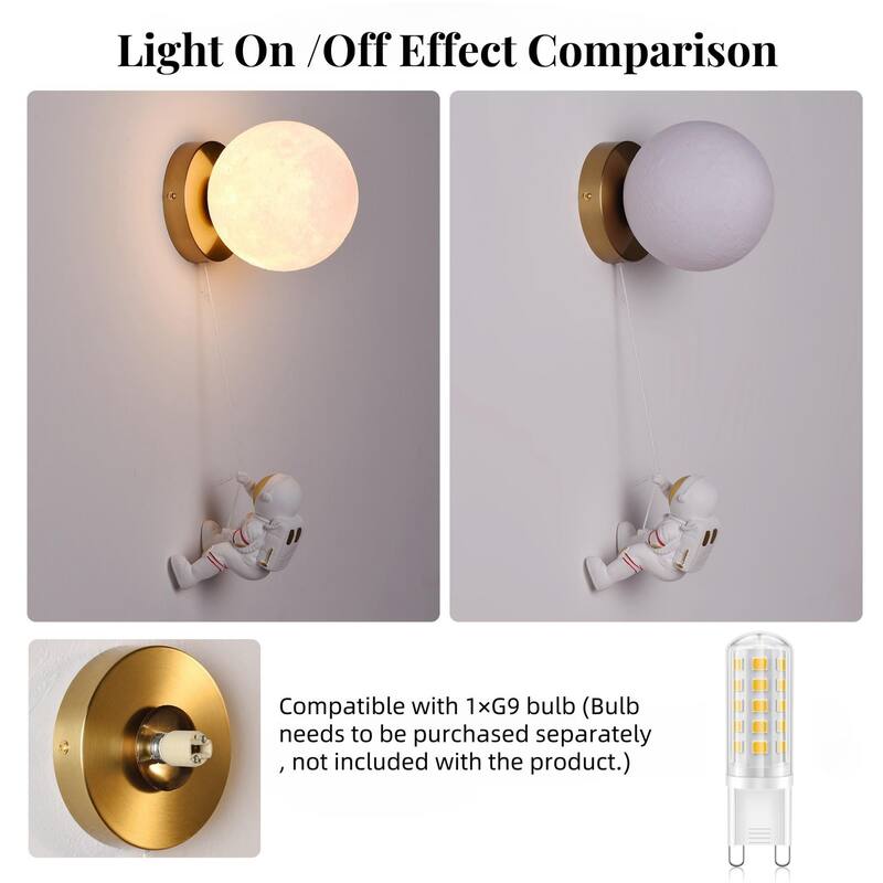 Modern Cute Moon & Astronaut Wall Sconce - Art Deco Explore Headboard Cordless G9 Wall Light for Kids’ Room - white