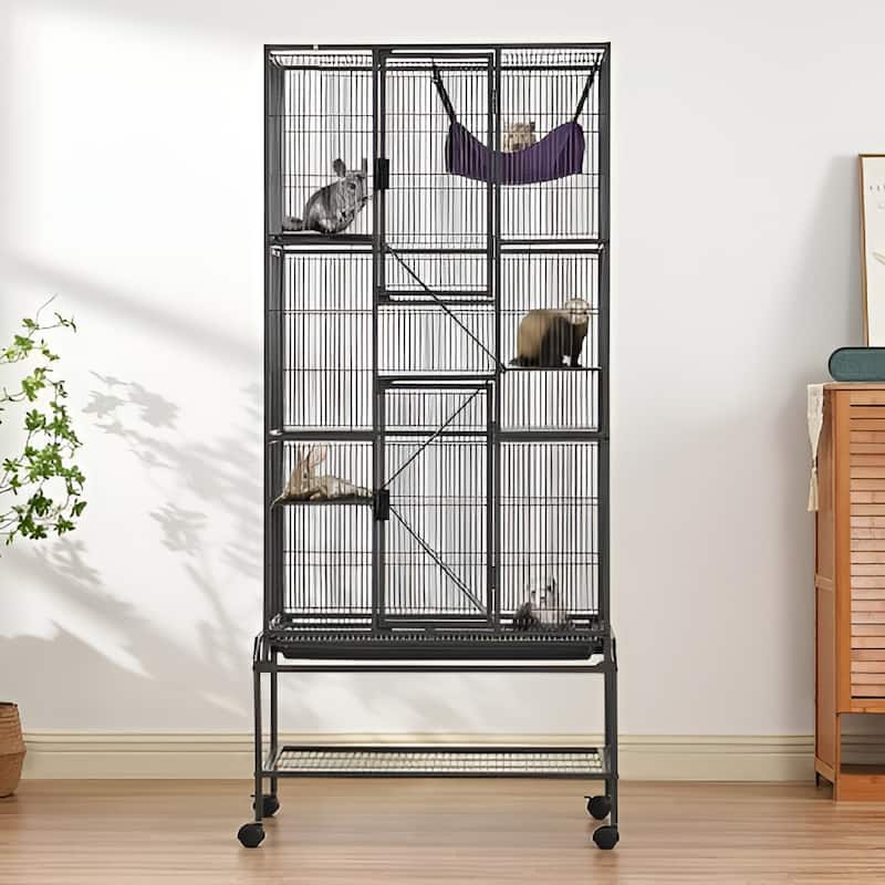 Black Iron & Plastic Ferret Cage with 4 Platforms, Rolling Wheels & Storage - Multi