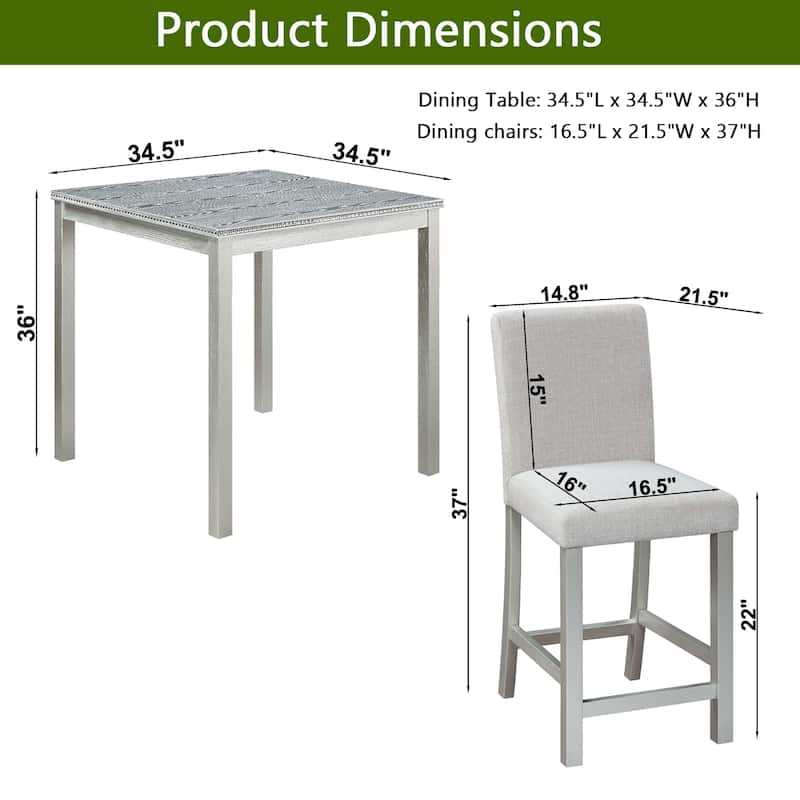 5 Piece Counter Height Table Set, Wooden Kitchen Table Set with Square Table and 4 Upholstered Chairs
