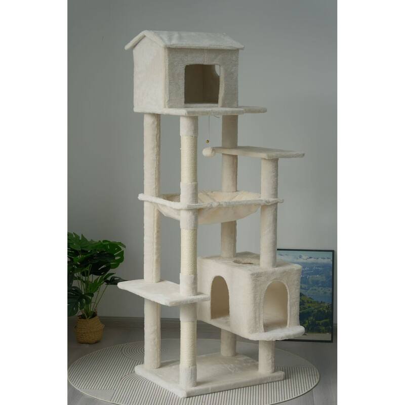 Beige Multi-Level Cat Tree with Unique Cat House, Hammock, Scratching Posts - Plush Cat Tower