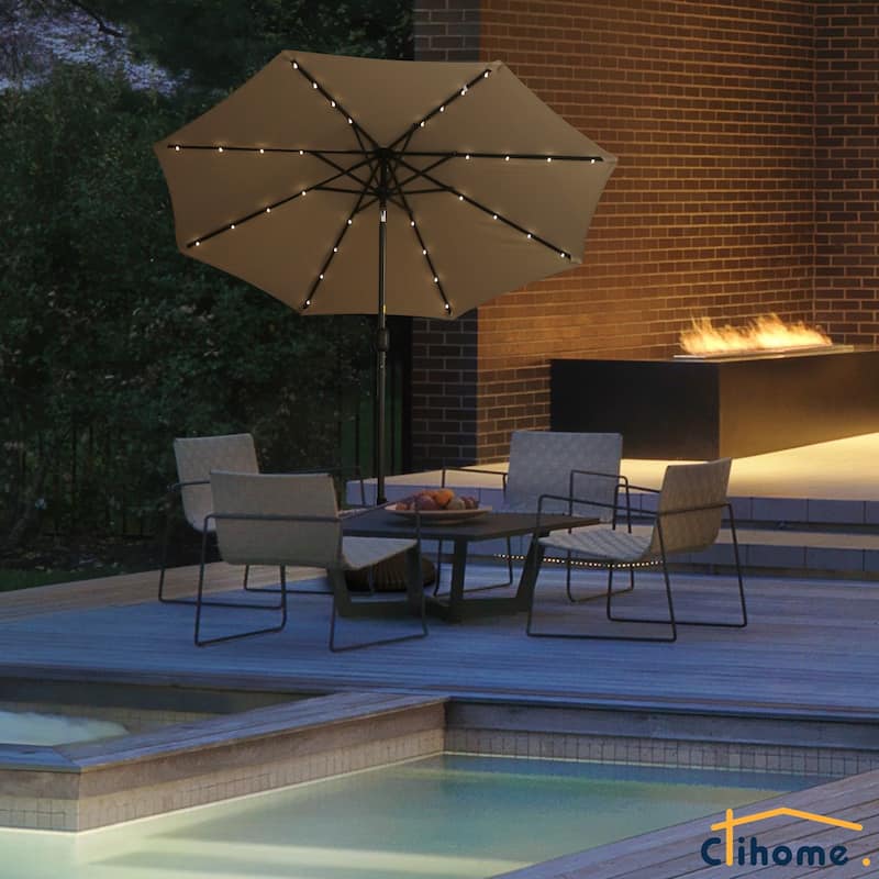 Clihome 9-Ft Outdoor 32 LED Solar Market Umbrella with Tilt & Crank(Without Stand)