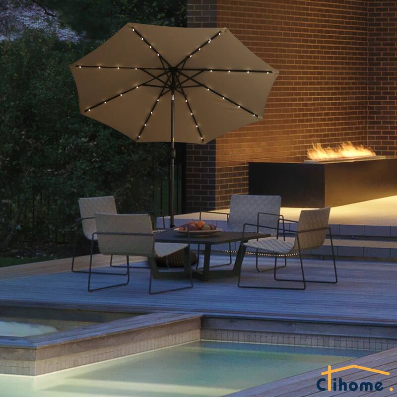 Clihome 9-Ft Outdoor 32 LED Solar Market Umbrella with Tilt & Crank