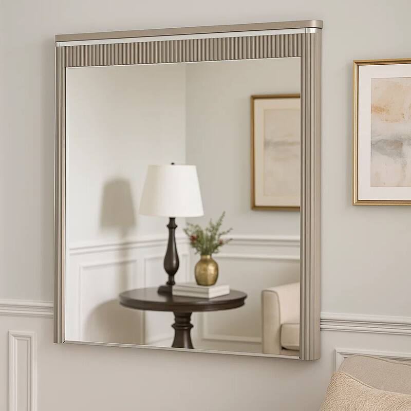 Gema Dresser Mirror, 38 Inch Light Gray Wood, Reeded Design, Silver Accents - Grey
