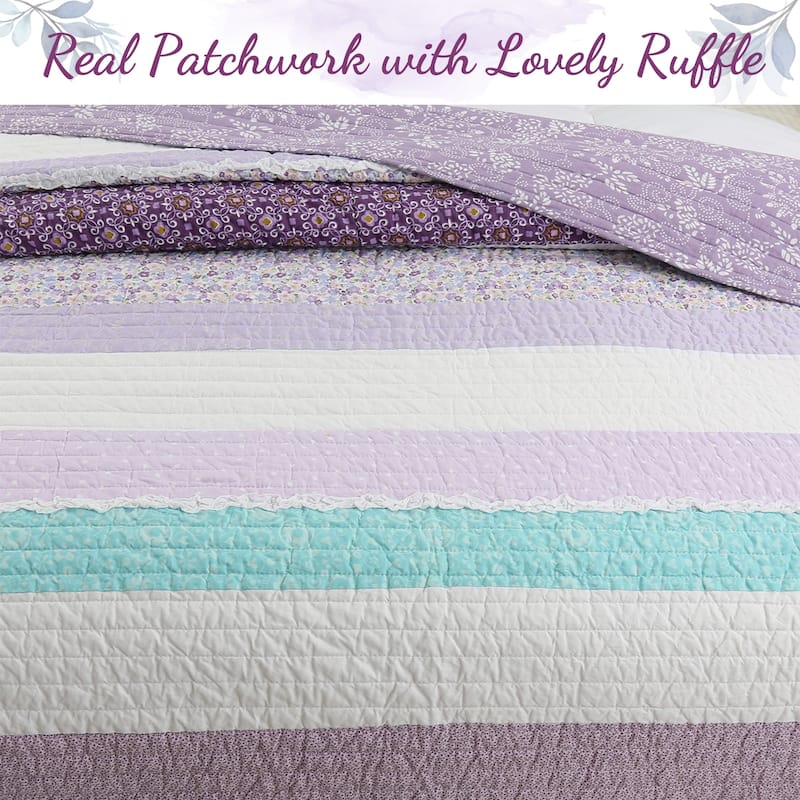 Cozy Line Purple Cosmos Spring Floral Stripe Garden Lavender Teal & White Ruffle Cotton Reversible Quilt Bedding Set
