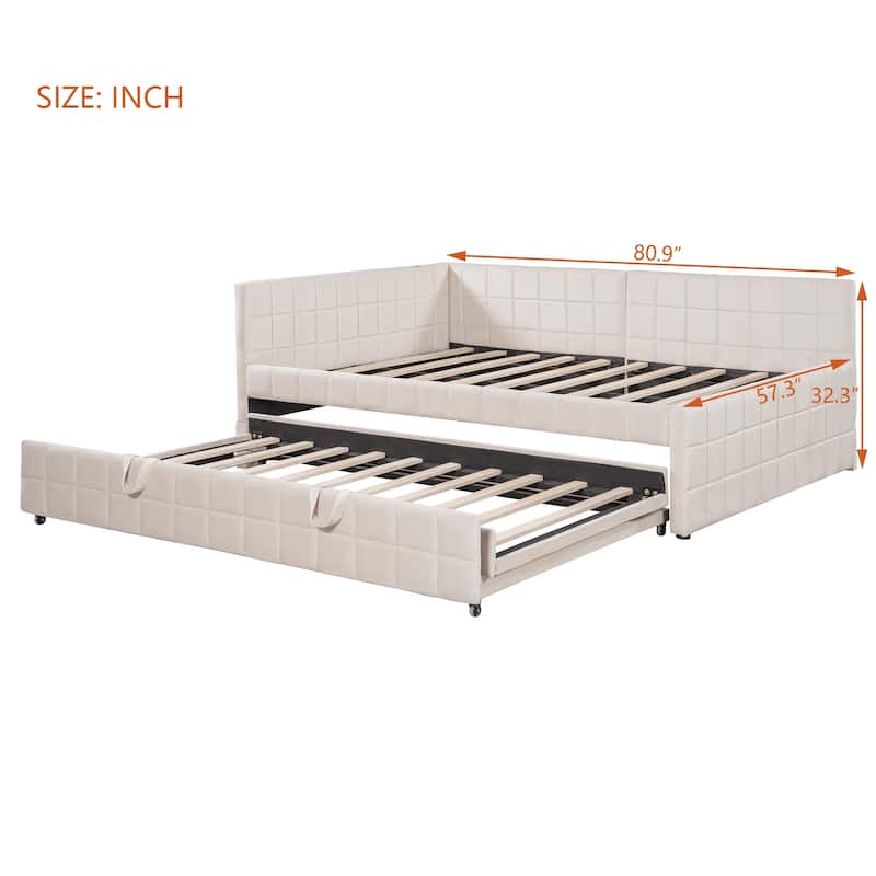 Full Size Upholstered Daybed with Pull Out Trundle, Button Tufted Fabric Sofa Bed Frame with Built-In USB Charging Ports