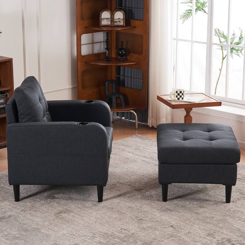 HCHAIRH Upholstered Tufted Accent Chair Single Sofa Storage Ottoman Set with Cup Holders