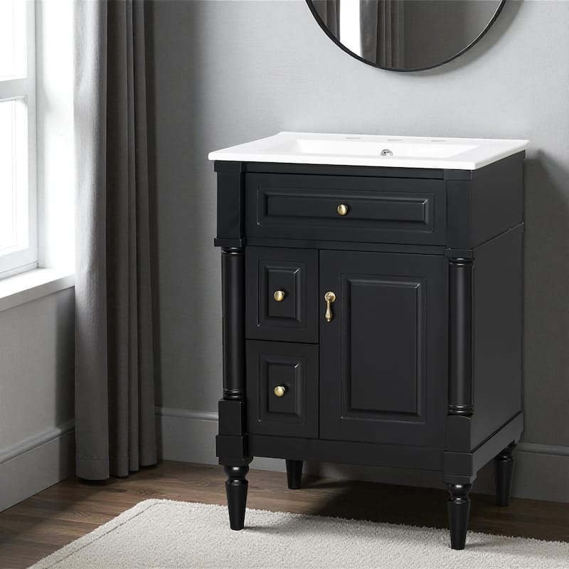 24" Freestanding Bathroom Vanity with Ceramic Sink, Solid Rubberwood Frame, Flip Drawer & Adjustable Shelf