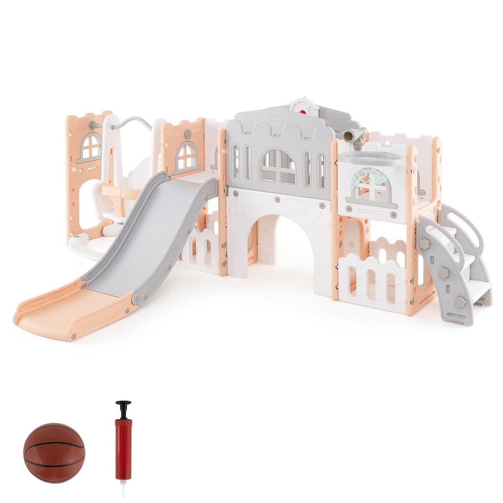 Gymax 10 in 1 Toddler Swing & Slide Set w/Basketball Hoop Telescope