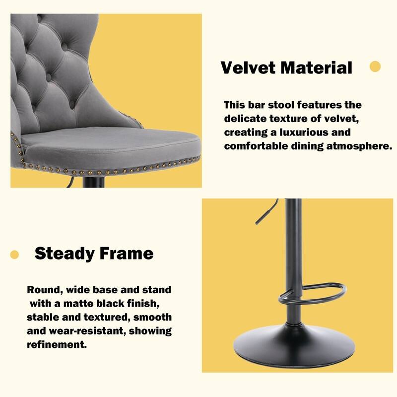 Velvet Upholstered Nailheads Tufted Swivel Bar Stools (Set of 2)