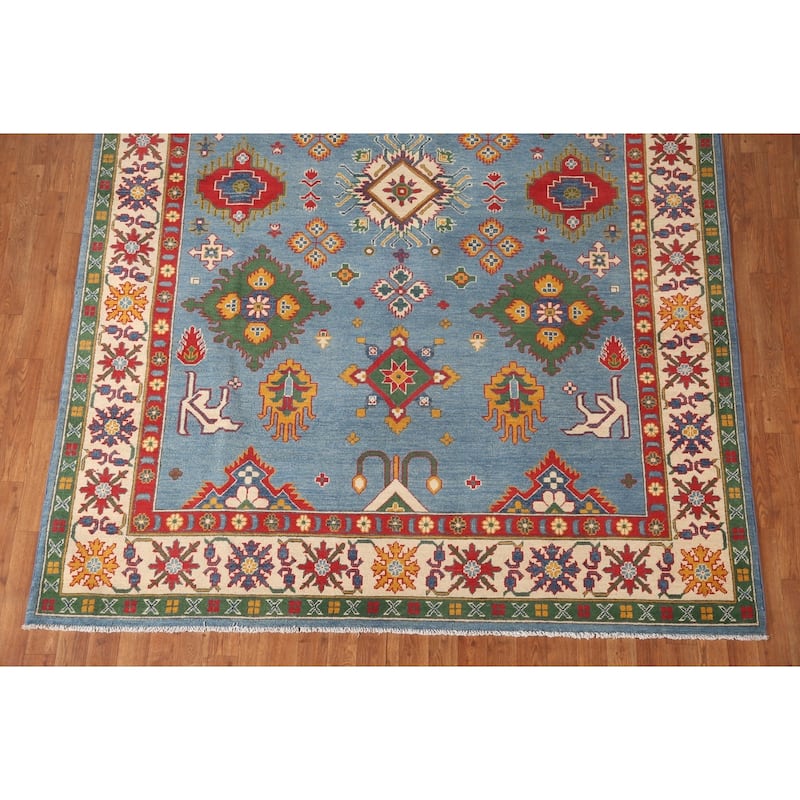 Blue Geometric Kazak Area Rug Hand-Knotted Wool Carpet - 6'10" x 9'7"
