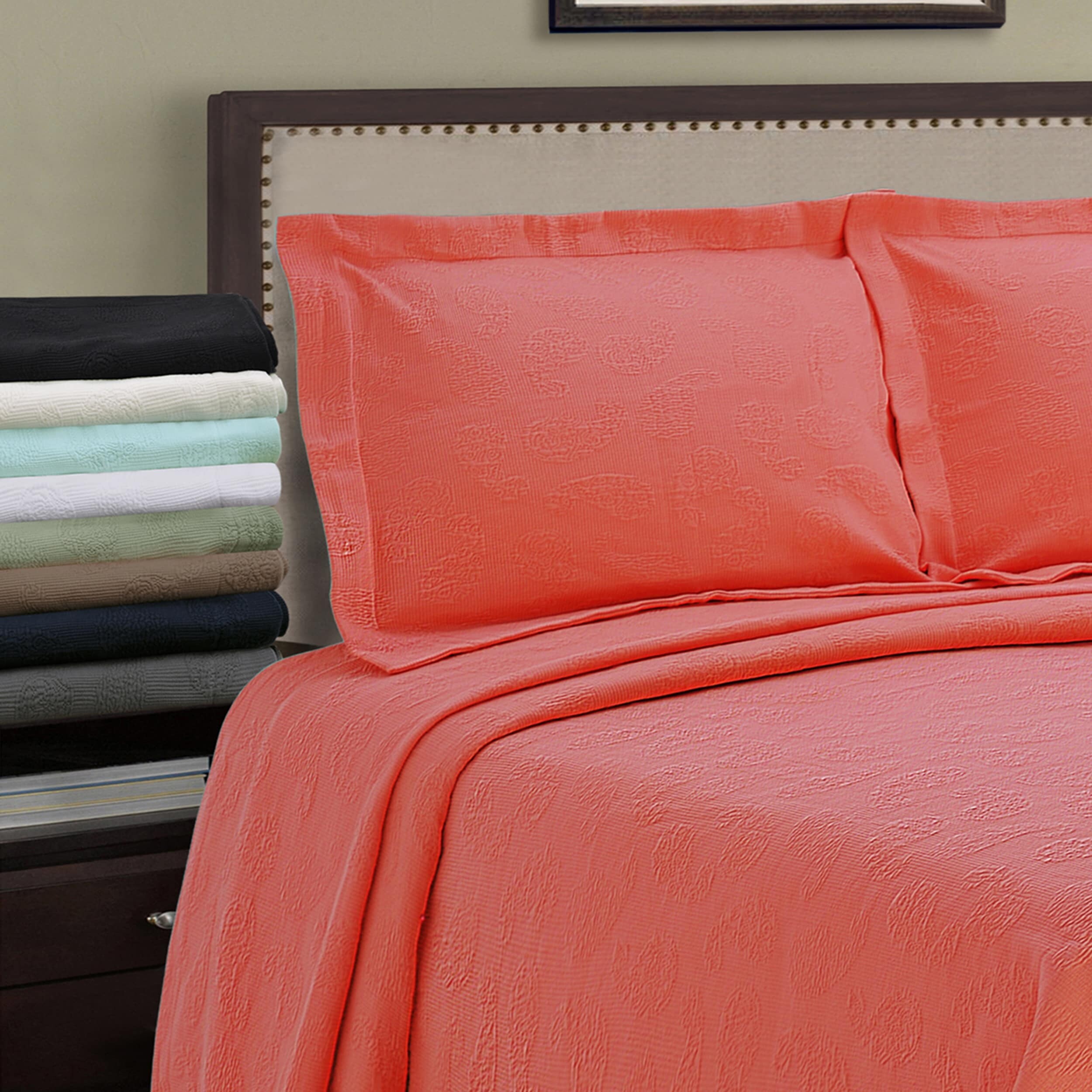 100% Cotton Quilt with Matching Pillow Shams Matelassee Coverlet SUPERIOR Paisley Jacquard Matelassee Bedspread King Size Coral 100% Cotton Quilt with Matching Pillow Shams Matelassee Coverlet SUPERIOR Paisley Jacquard Matelassee Bedspread King Size Coral