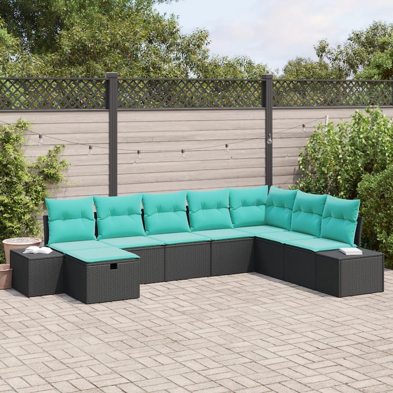 vidaXL 8/9 Piece Garden Sofa Set with Cushions Black Poly Rattan - 125.6×82.3×27.2 - Black/ Blue