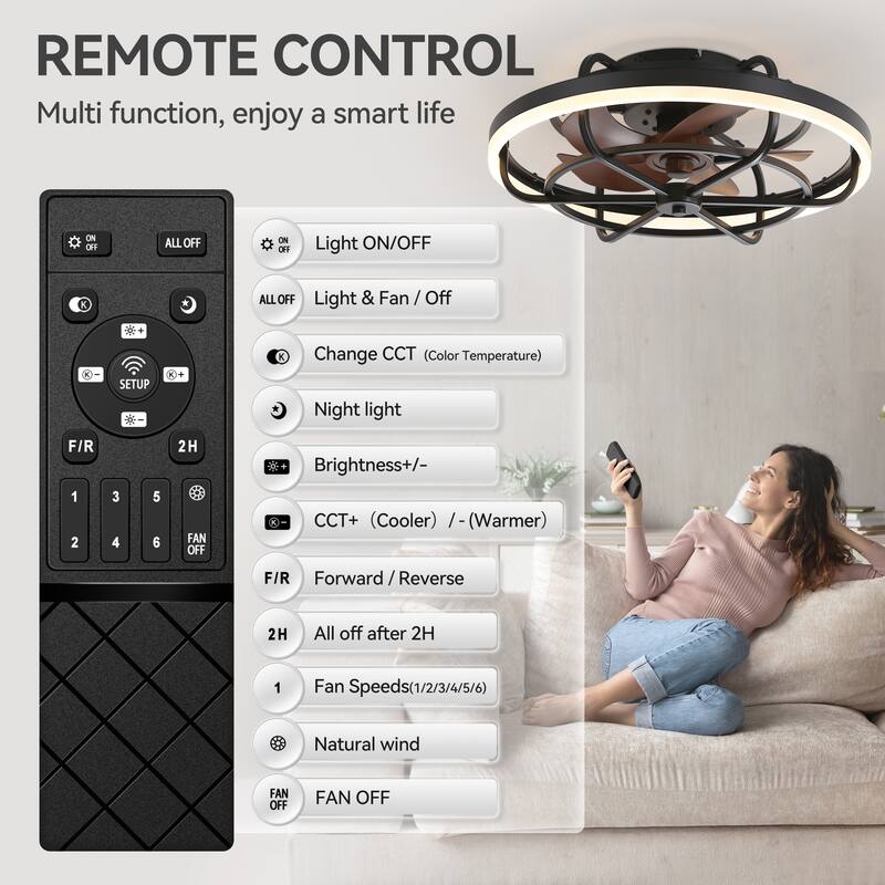 19.7" Flush Mount Caged Dimmable LED Ceiling Fan with Light and Remote