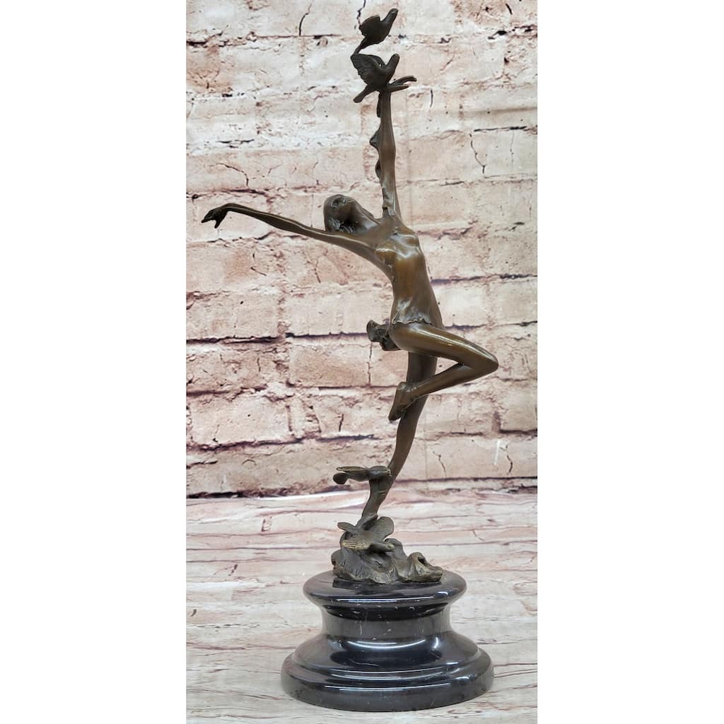 Girl Dancing With Birds Bronze Metal Statue Sculpture Original Art Marble Base