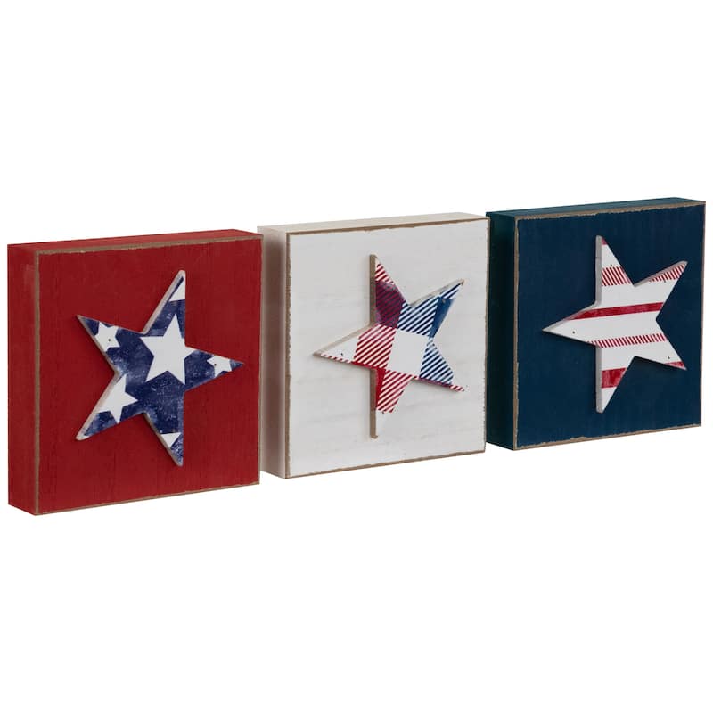 Set of 3 Stars and Stripes Americana Wooden Plaques 4.25" - Red White and Blue