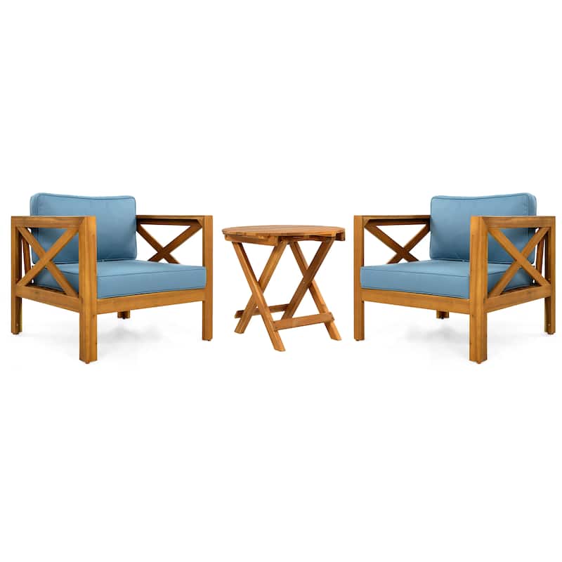 3 Piece Patio Conversation Set, Outdoor Wood Conversation Seat(Set of 2),Armchair with Cushions,Foldable Acacia Wood Side Table