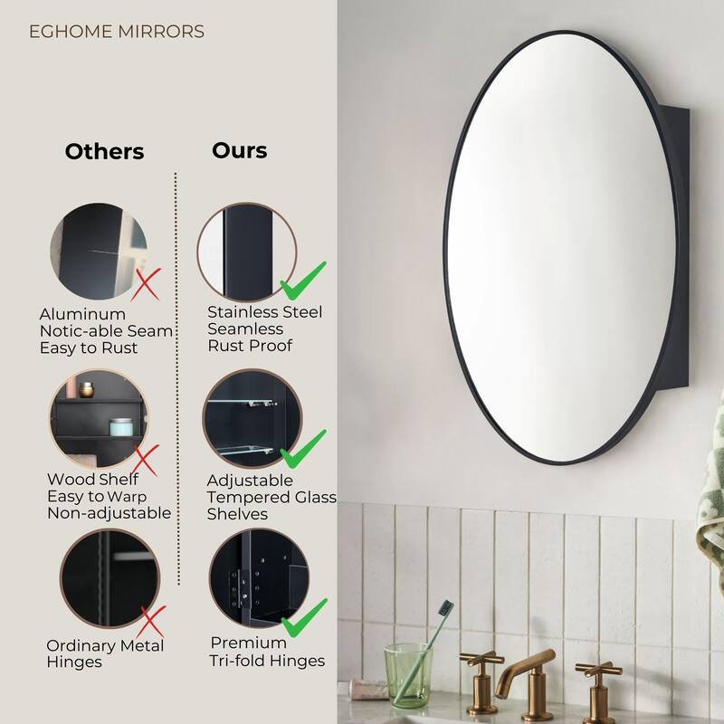 Surface Mount Oval Bathroom Medicine Cabinet with Mirror and adjustable shelves - 20" x 30"