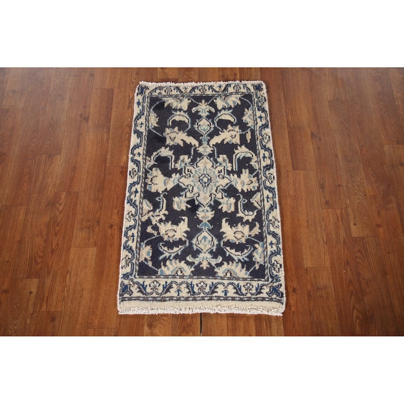 Blue Traditional Nain Persian Vintage Area Rug Handmade Wool Carpet - 1'9"x 2'10"