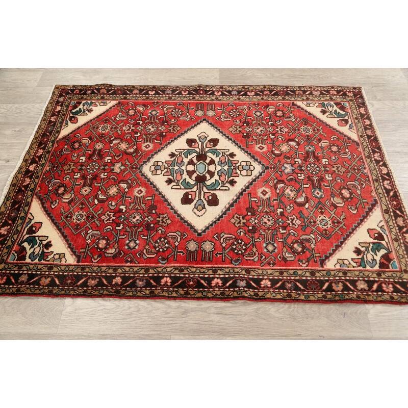 Vintage Geometric Hamedan Persian Area Rug Hand-knotted Wool Carpet - 3'9" x 5'4"