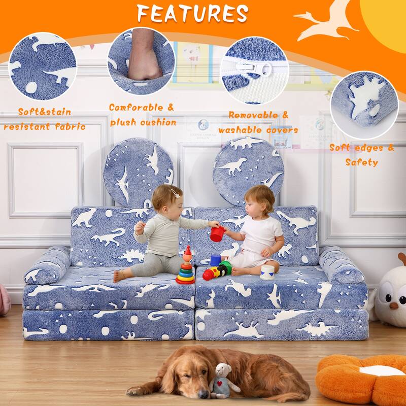 10pcs Kid's Play Couch, Multifunctional Modular Kid Convertible Sofa for Playroom, Indoor Toddler Couch for Boys Girls