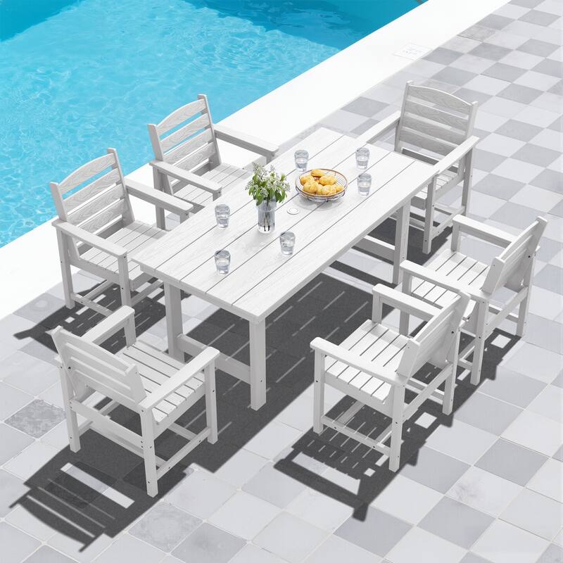 7-Piece HDPE Outdoor Dining Table Sets with Umbrella Hole - 1-Table 6-Chairs
