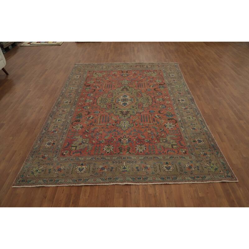Hand Knotted Oriental 100% Wool Carpet Traditional Medallion Coral Tabriz Area Rug - 10' 9'' X 7' 8''
