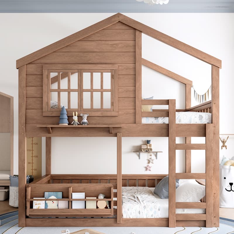 Full/Twin Bunk Bed with Bookshelf, House Design Loft Bed with Safety Fencing, High-Quality Kids Bed Frame - Walnut - Full