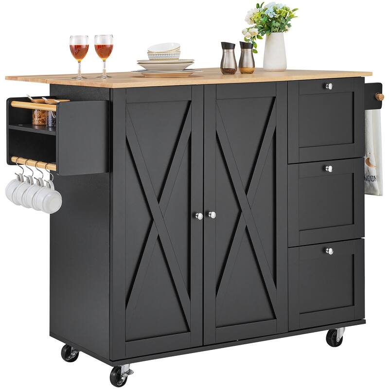Black Wooden Kitchen Rolling Island Storage Cart with 2 Cabinet Doors and 2 Adjustable Shelves - 56x27x39 inch