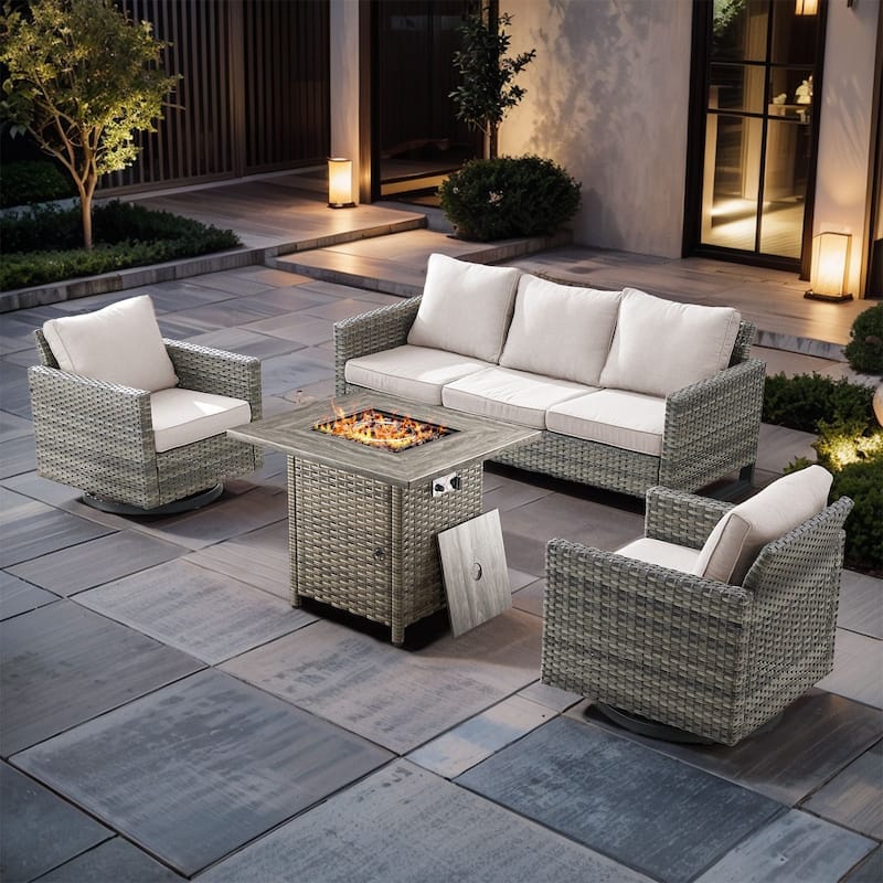 4 Pieces Fire Pit Table with Sofa Swivel Chair Set - Gray Wicker - Beige cushion
