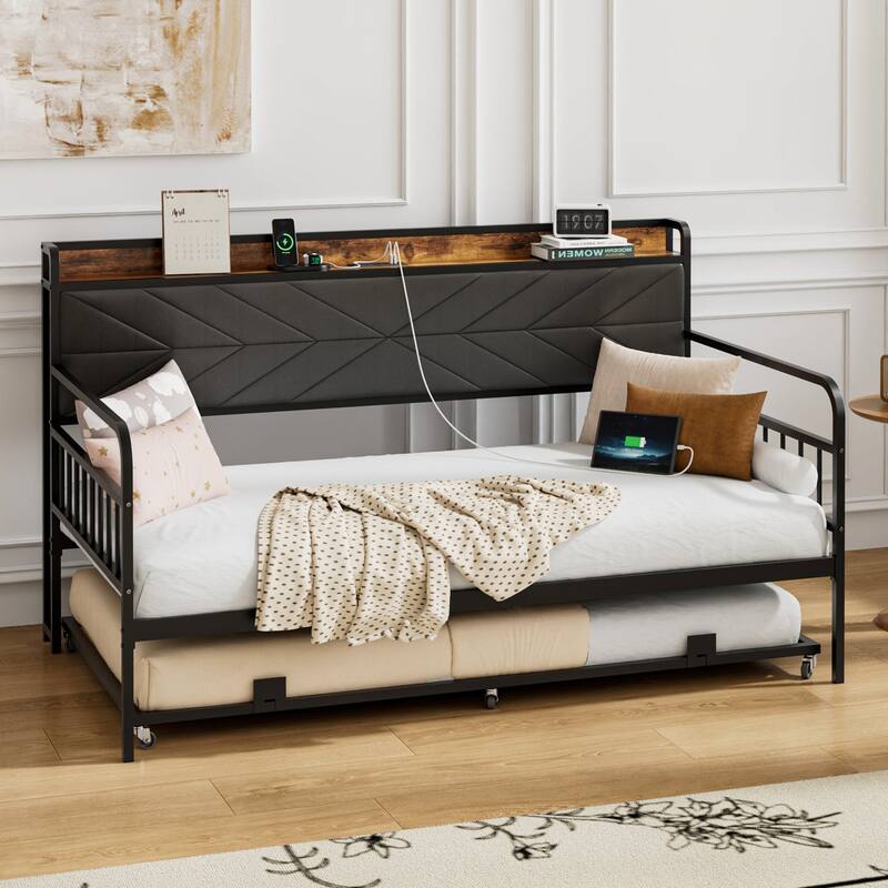 Javlergo Black Metal Daybed with USB Charging Pull-Out Trundle PU Leather Storage Headboard Space-Saving Sleeper Sofa Bed