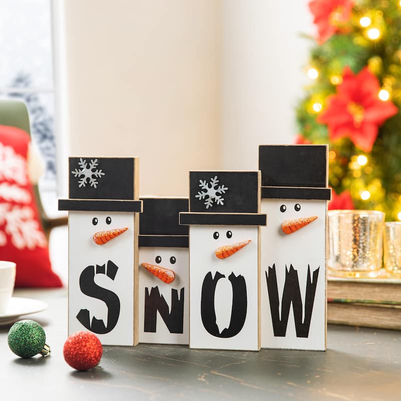 Glitzhome 11.7"L Wooden Christmas Snowman Family Table Decor