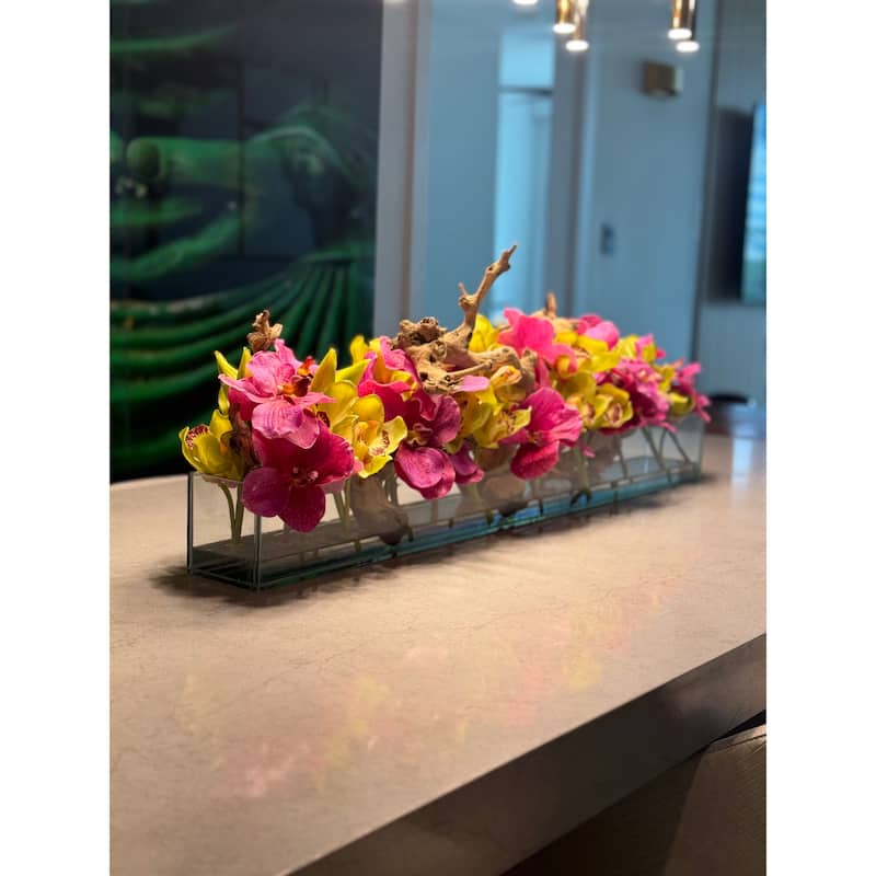 Casa Moderna Glass Planter With Pink Vandas And Green Cymbidiums