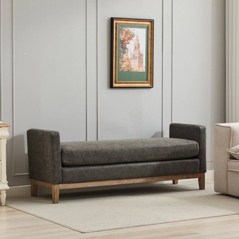 66.34" W Upholstered Bench with Pillows End of Bed Ottoman with Wood Legs