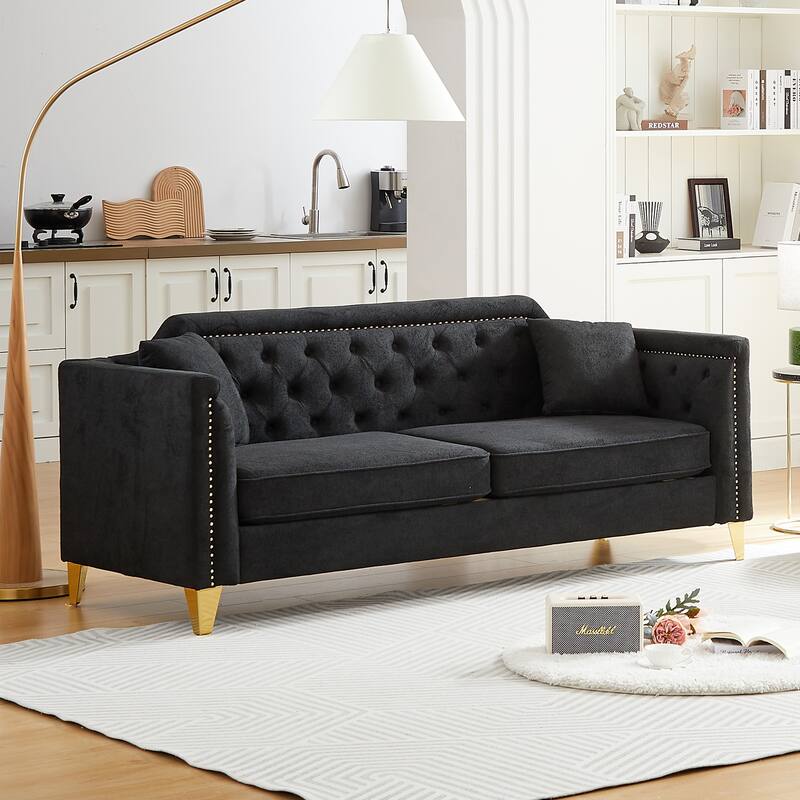 Chenille Sofa with Golden Metal Legs, 3-Seater Couch with Solid Wood Frame and 750 lbs Capacity