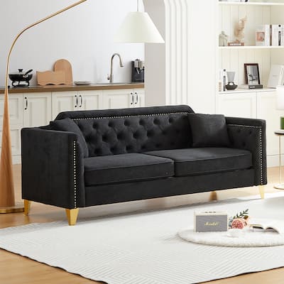 Chenille Sofa with Golden Metal Legs, 3-Seater Couch with Solid Wood Frame and 750 lbs Capacity