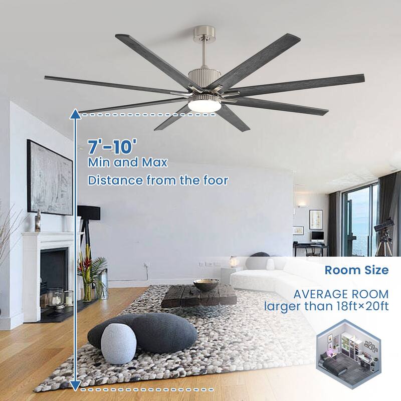 76 Inch Ceiling Fan with Light and Remote,8 Solid Wood Blades,Smart Control,Reversible Airflow - 76 inch