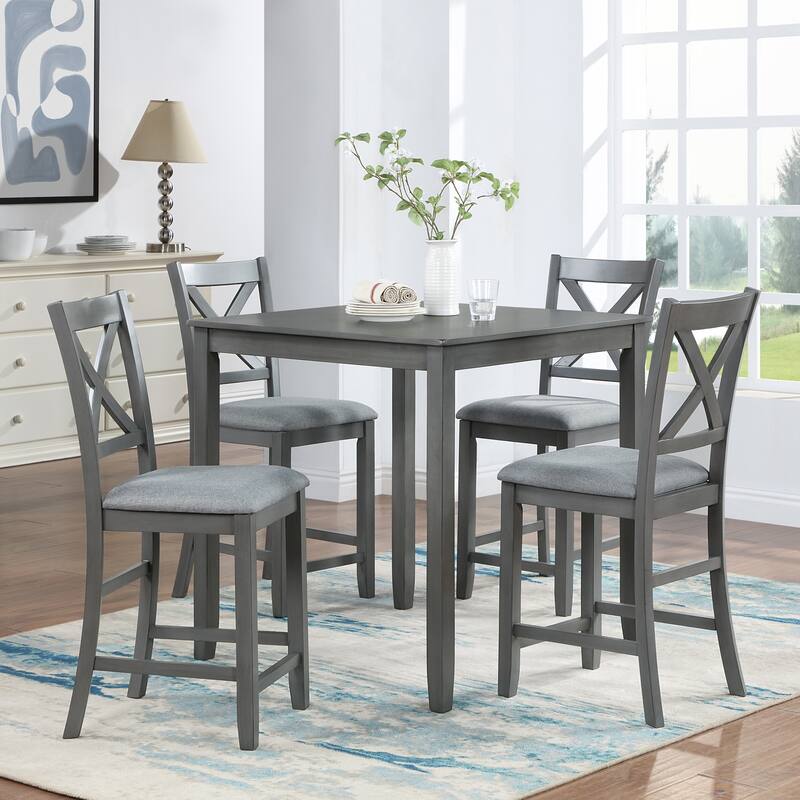 5 Piece Dining Table Set, Wooden Counter Height Kitchen Table Set with 1 Square Table and 4 Upholstered Chairs - Gray