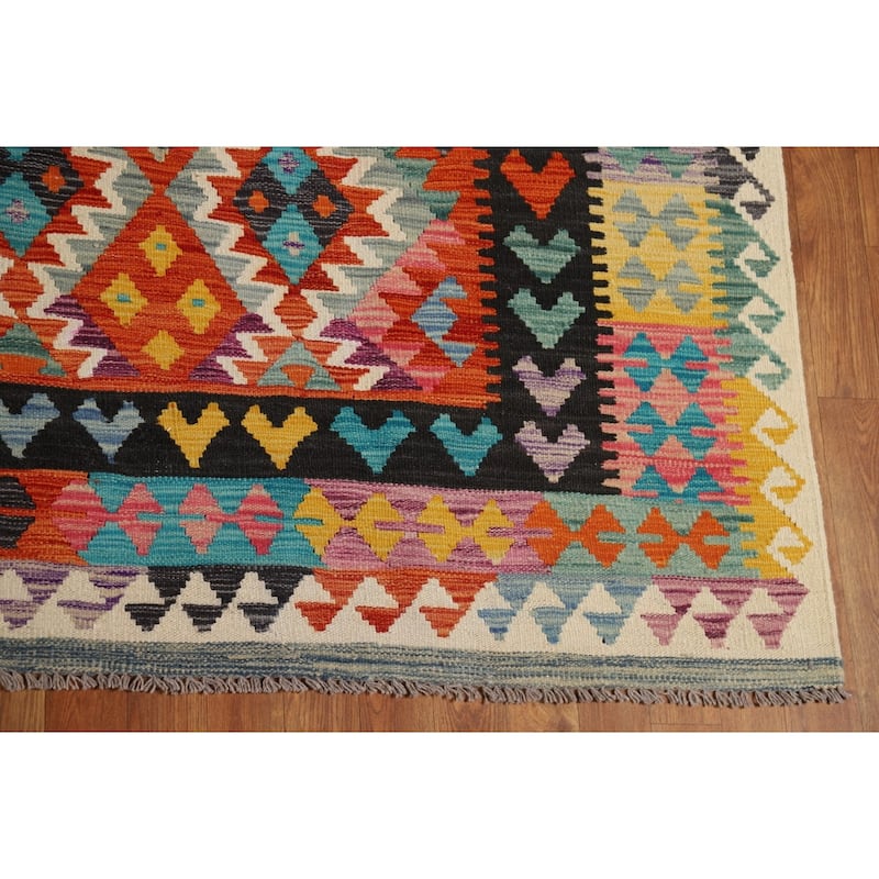 Orange Kilim Area Rug Hand-Woven Geometric Wool Carpet - 8'1" x 11'8"