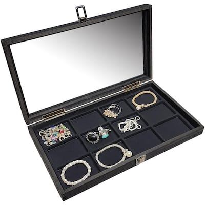 Natural Wood Glass Top Jewelry Display Case Accessories Storage Box with Metal Clasp & Removable 12 Compartments - S
