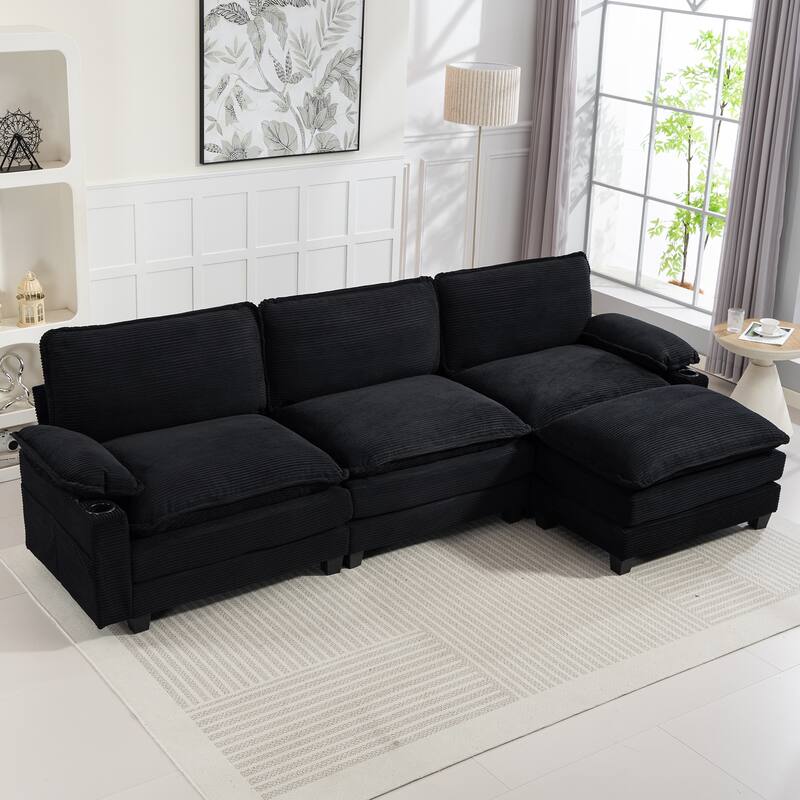 L-Shaped Modular Sectional Sofa with Ottoman, Oversized Corduroy Upholstered Cloud Couch with Cup Holders & Side Pockets